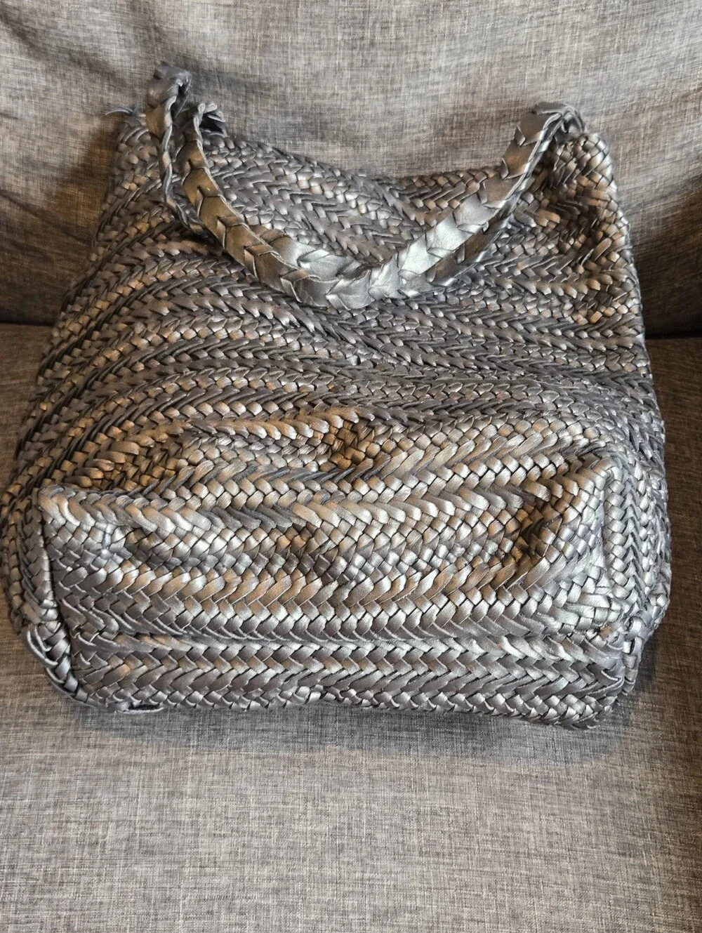 Gray tote bag woven leather soft basket hobo hippie boho made India $210